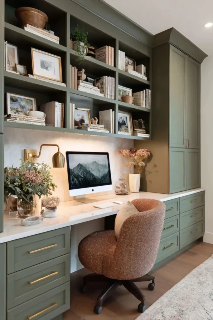A sophisticated built-in home office showcasing a sage green accent color palette, featuring custom sage green cabinetry and open shelving, a white marble countertop, a warm terracotta-brown desk chair, brass hardware, and a warm wall sconce light.