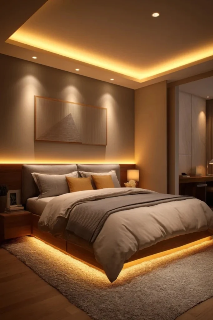 A modern bedroom illuminated by warm ambient layered lighting, featuring concealed LED strip lights in the tray ceiling, behind the headboard, and under the floating wooden bed frame to create a soothing evening glow.