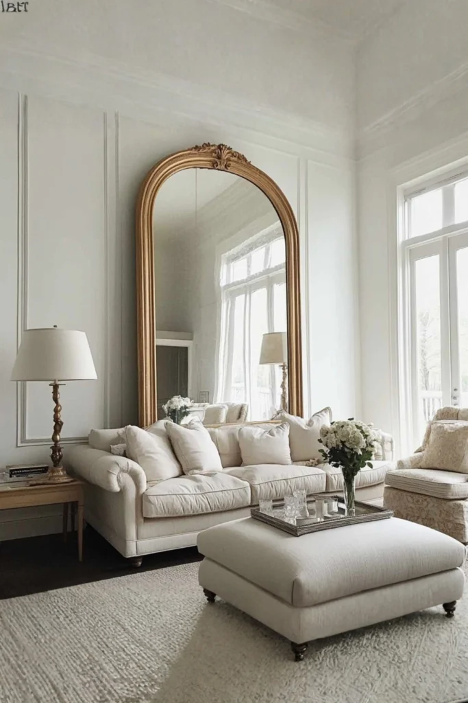 A magnificent luxury living room featuring oversized Arched Vintage Mirrors with intricate gold ornate detailing, positioned behind a plush cream-colored sofa and matching ottoman.