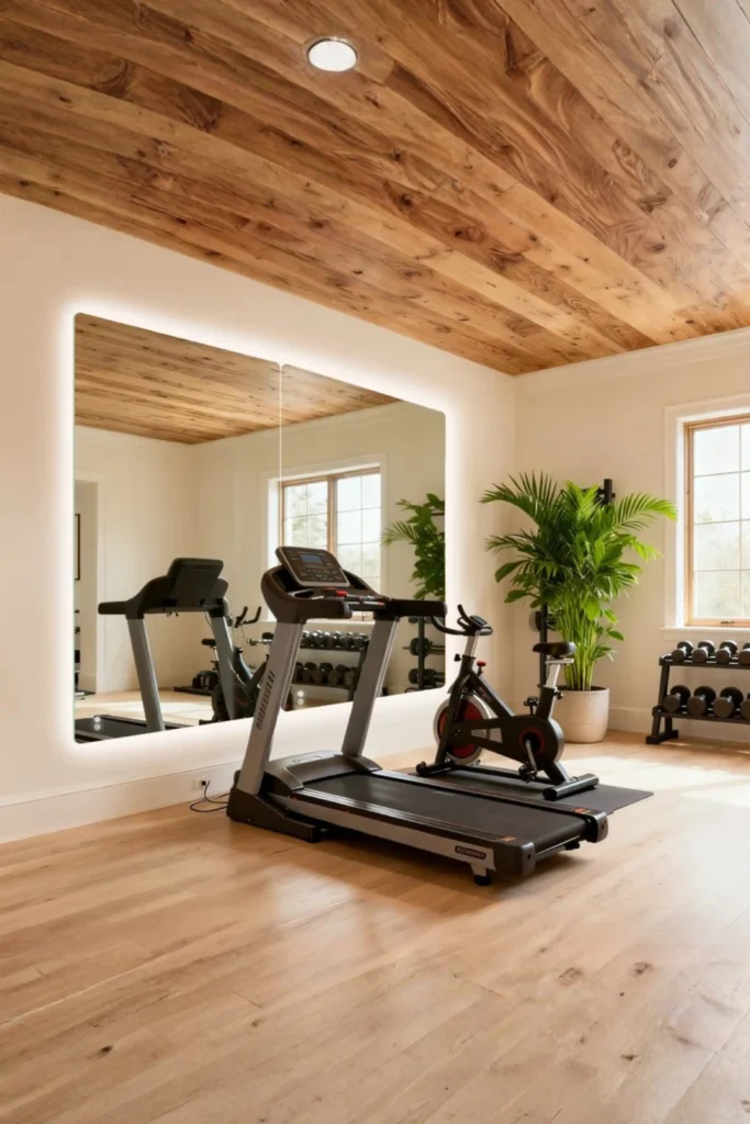 An elegant home gym featuring a large backlit LED wall mirror with a soft warm glow, set against light wood flooring and ceilings, with a treadmill, stationary bike, and potted palm plant in the room.