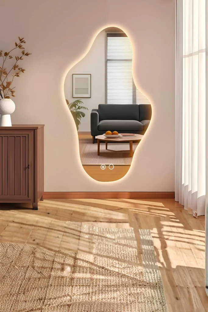 A modern living room wall displaying an irregular organic-shaped Backlit LED Mirrors design emitting a soft warm glow, reflecting a cozy sofa setup beside a wooden console cabinet.