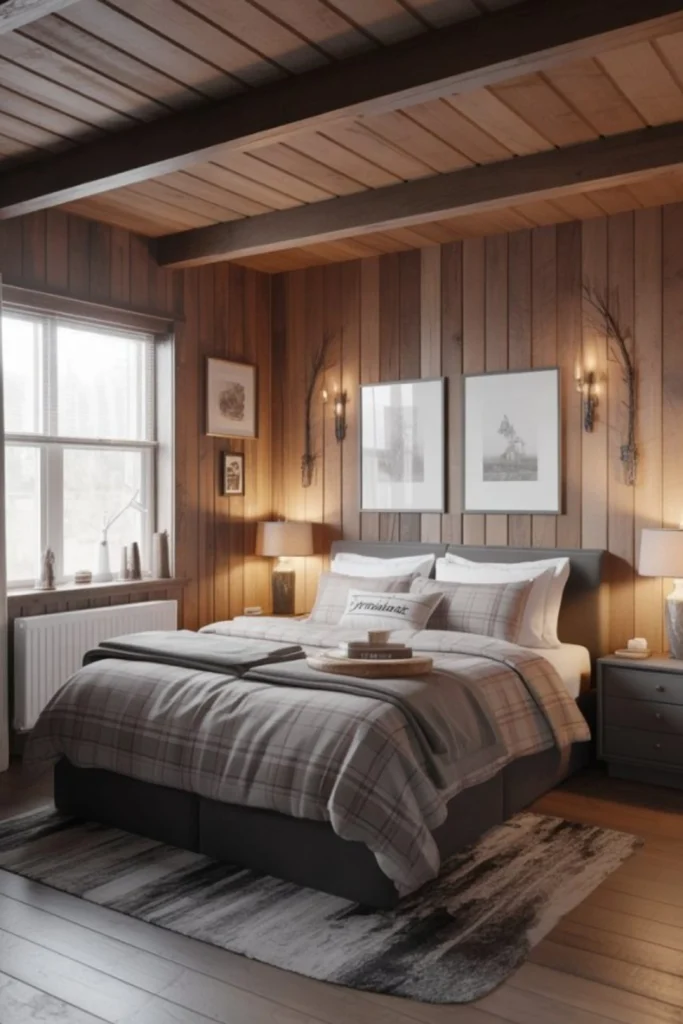 A cozy wooden cabin bedroom featuring a symmetrical layout with matching nightstands, bedside lamps, wall sconces, and dual framed artwork above a plaid-dressed bed, illustrating balanced bedroom aesthetic ideas for couples.