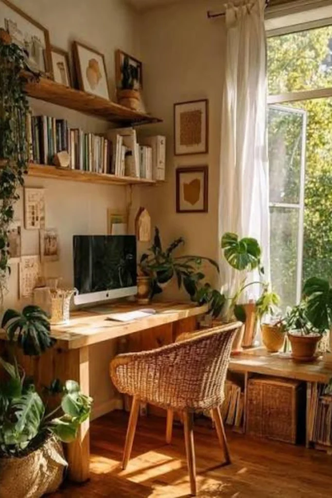 A warm, sunlit home office corner filled with vibrant biophilic decor and indoor plants, featuring a wooden desk, a woven rattan chair, potted Monstera plants, trailing ivy on wooden floating shelves, and an open window letting in warm natural sunlight.