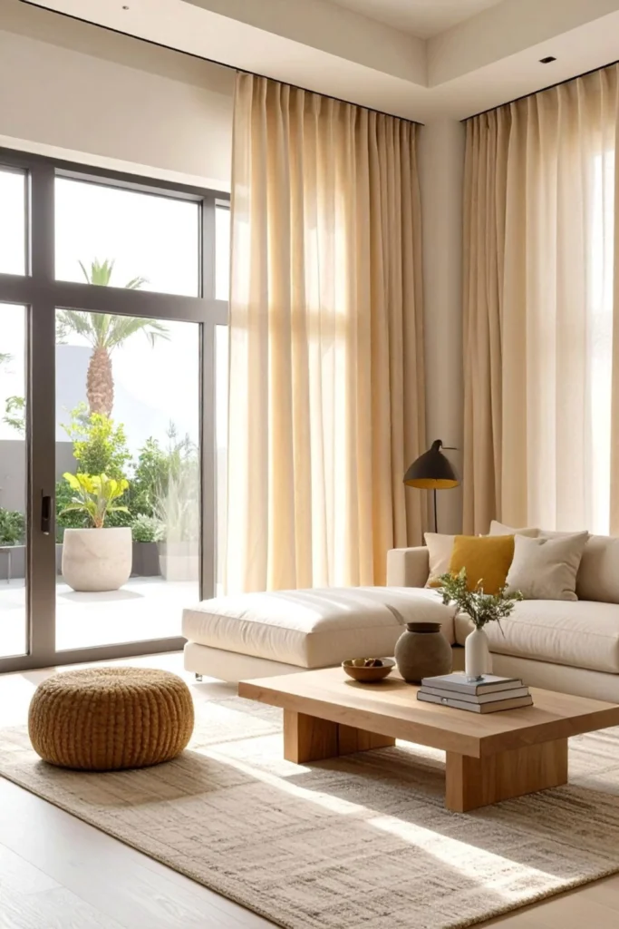 Light-filtering beige floor-to-ceiling drapes mounted high near the ceiling next to large glass patio doors, illuminating a cozy cream sectional couch and wooden coffee table, demonstrating smart apartment bedroom ideas for small rooms to elongate walls and maximize light.