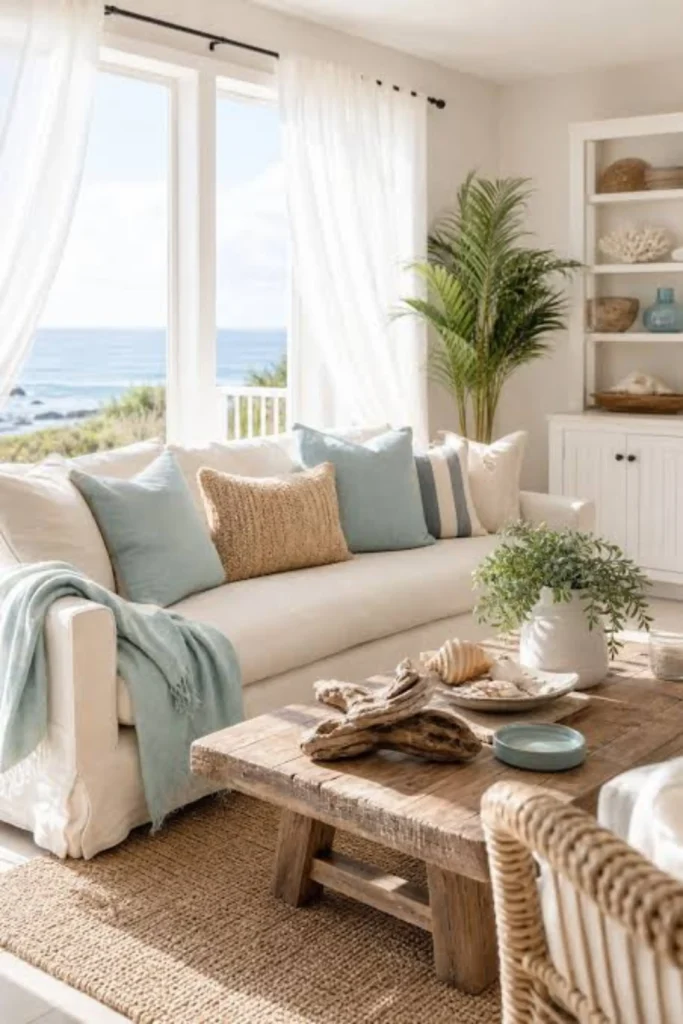 A bright living room showcasing gray coastal decor ideas for apartments. A cream slipcovered sofa facing a scenic ocean view window is styled with soft blue, striped, and textured woven pillows. A rustic wooden coffee table with driftwood decor sits on a jute rug, creating an open, breezy atmosphere.