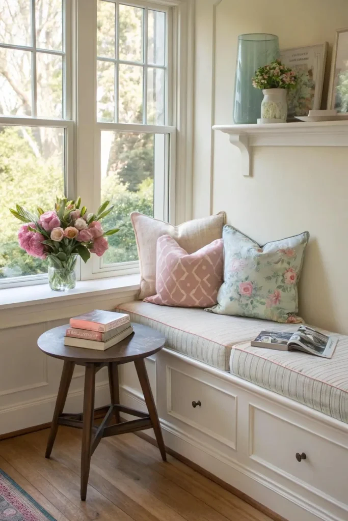 A cozy window nook with a built-in upholstered bench with storage drawers, decorative throw pillows, a small wooden side table, and a shelf overhead, showcasing smart Apartment Rooms ideas for transforming underutilized alcoves into functional reading corners.