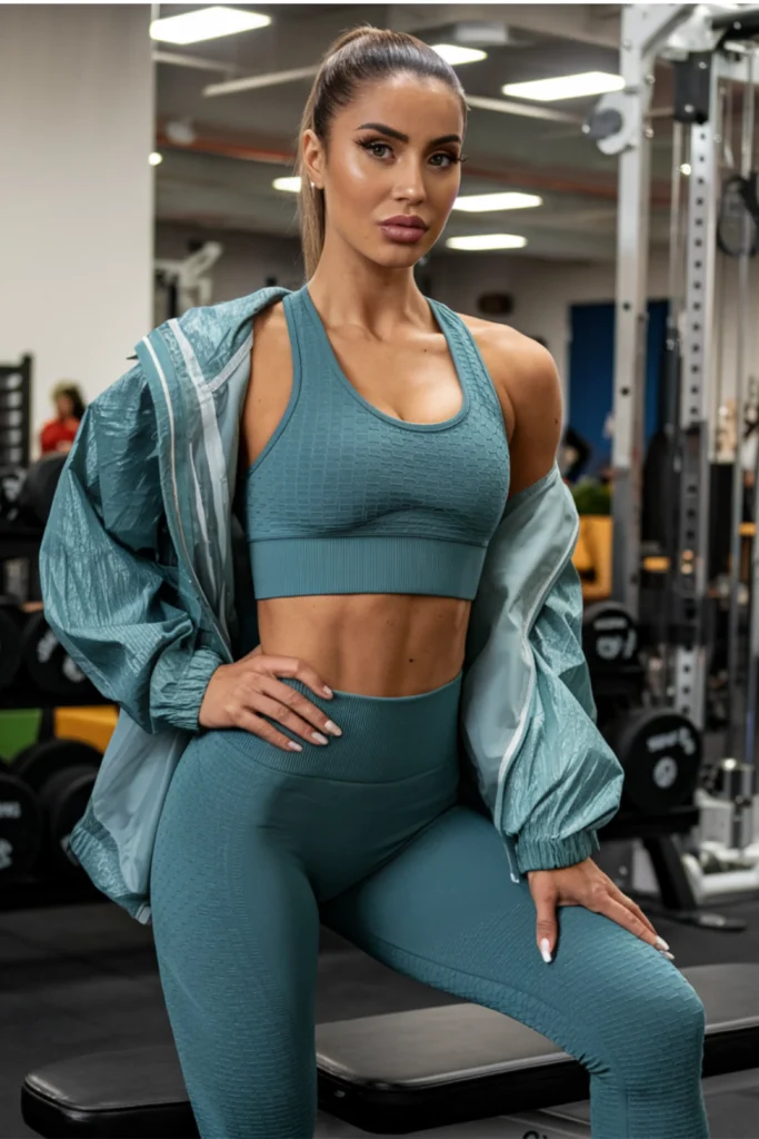 A woman with her hair in a sleek ponytail posing in a gym wearing a matching teal blue textured sports bra and high-waisted leggings set with a light jacket draped over her shoulders, illustrating how For low-impact workouts like yoga, Pilates, or mobility training, layering is key. A one-piece athletic romper or bodysuit serves as the perfect base layer, offering maximum flexibility without any waistbands cutting into your skin. Layer a ultra-soft knit shrug or a cropped sweatshirt over the romper. This gives you a cozy, graceful aesthetic that keeps your muscles warm during warm-ups and can be easily removed when the workout heat kicks in.
