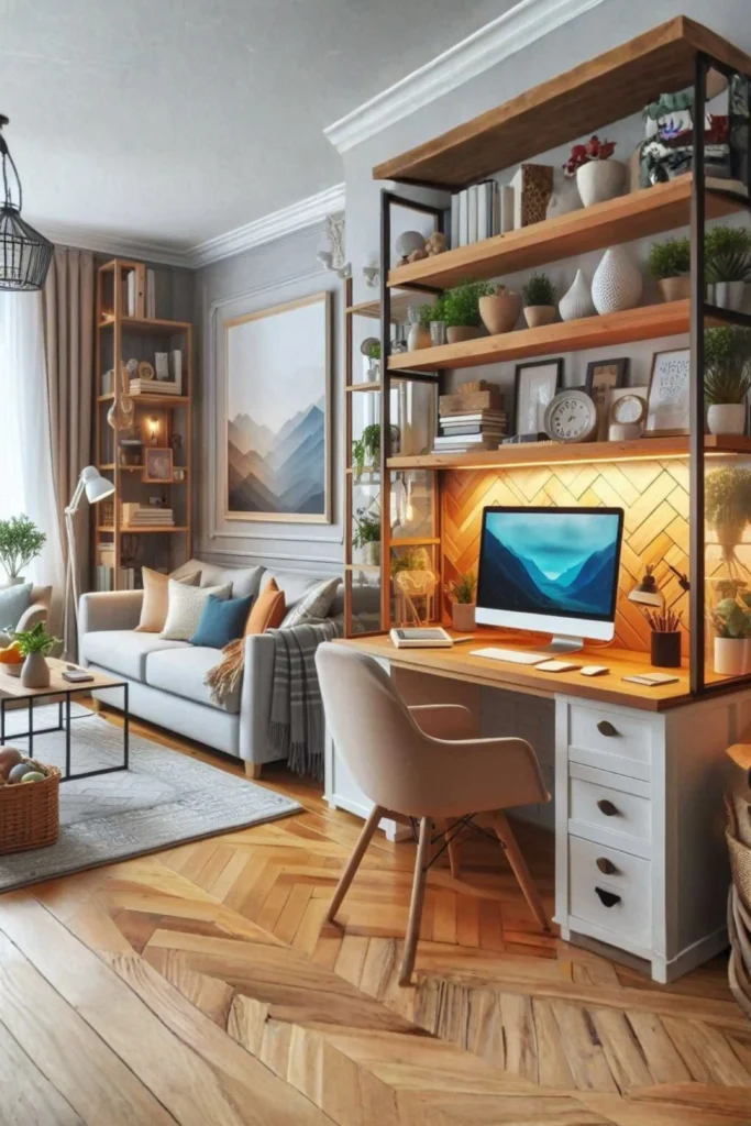 A warm and functional home office featuring a cozy nook integration, complete with a wooden desk built into open shelving, a desktop computer, a beige desk chair, and a separate seating area with a grey sofa, throw pillows, and tall bookcases.