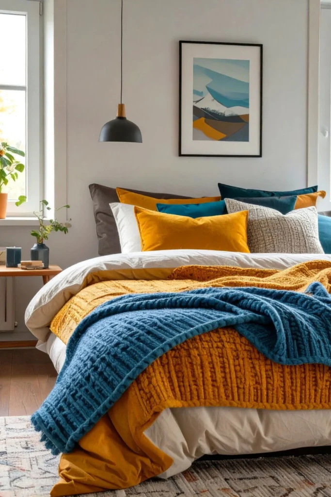 A cozy layered bed styled with mustard yellow duvet, textured teal blue throw blankets, and mix-and-match accent pillows, illustrating bedroom aesthetic ideas cozy through rich textile layering in a sunlit bedroom.