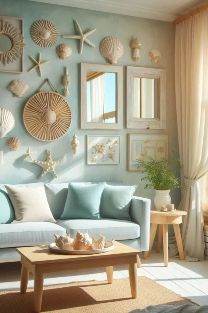A cozy seaside living room showing how to curate coastal art with a modern eye. A light blue sofa with cream and seafoam green pillows sits against a soft blue textured accent wall. The wall is decorated with an eclectic gallery display of natural seashells, starfishes, a round woven rattan wall hanging, and light wood-framed mirrors, creating a beachside oasis atmosphere.