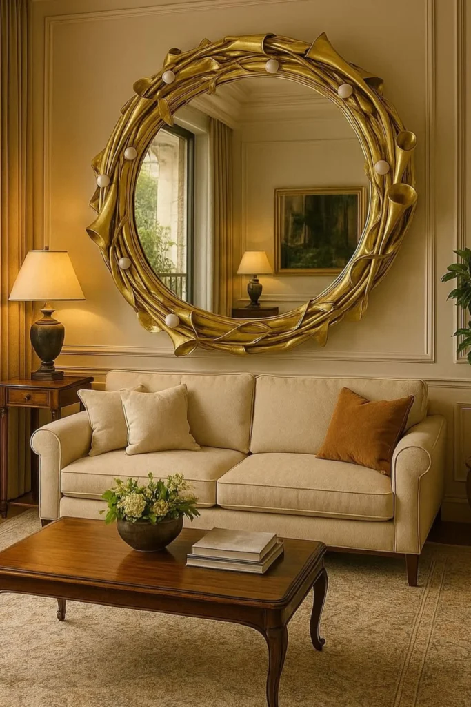 A cozy living room setup featuring a large round mirror with an ornate gold floral frame mounted above a cream sofa, showcasing diy wall mirror ideas living room decor.