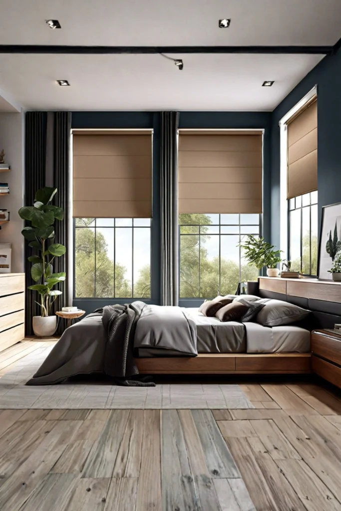 A modern bedroom with dark blue accent walls and light wood flooring, featuring tailored tan Roman shades paired with dark charcoal side curtains over large windows, showing that Updating your room decor doesn’t mean you have to break the bank on custom designer drapery. Exploring diy window treatment ideas for bedrooms allows you to customize your styling while keeping costs delightfully low. If you know how to work a hot glue gun or run a basic straight stitch on a sewing machine, you can create high-end looks in just one weekend. Try adding custom drop-cloth drapes, pom-pom trim to plain panels, or sewing your own simple Roman shades using patterned cotton fabric. No-sew hem tape: Perfect for adjusting off-the-rack curtain lengths without pulling out a needle and thread. Custom canvas drapes: Painter's drop cloths offer a heavy, linen-like texture at a fraction of the cost. Statement hardware: Paint basic wood or metal dowels with metallic spray paint for custom curtain rods.