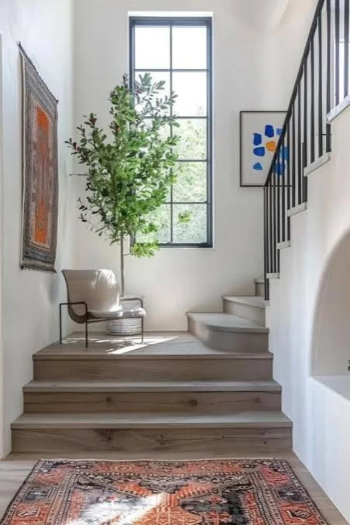 A luxury, sunlit split-level stairwell showcasing elegant staircase landing ideas on a wide wooden platform. Placed beneath a tall, black-framed grid window, a sleek modern accent chair sits next to a large potted olive tree. The white walls are decorated with a vibrant orange vintage tapestry and a colorful abstract painting, while a patterned bohemian runner rug completes the look.