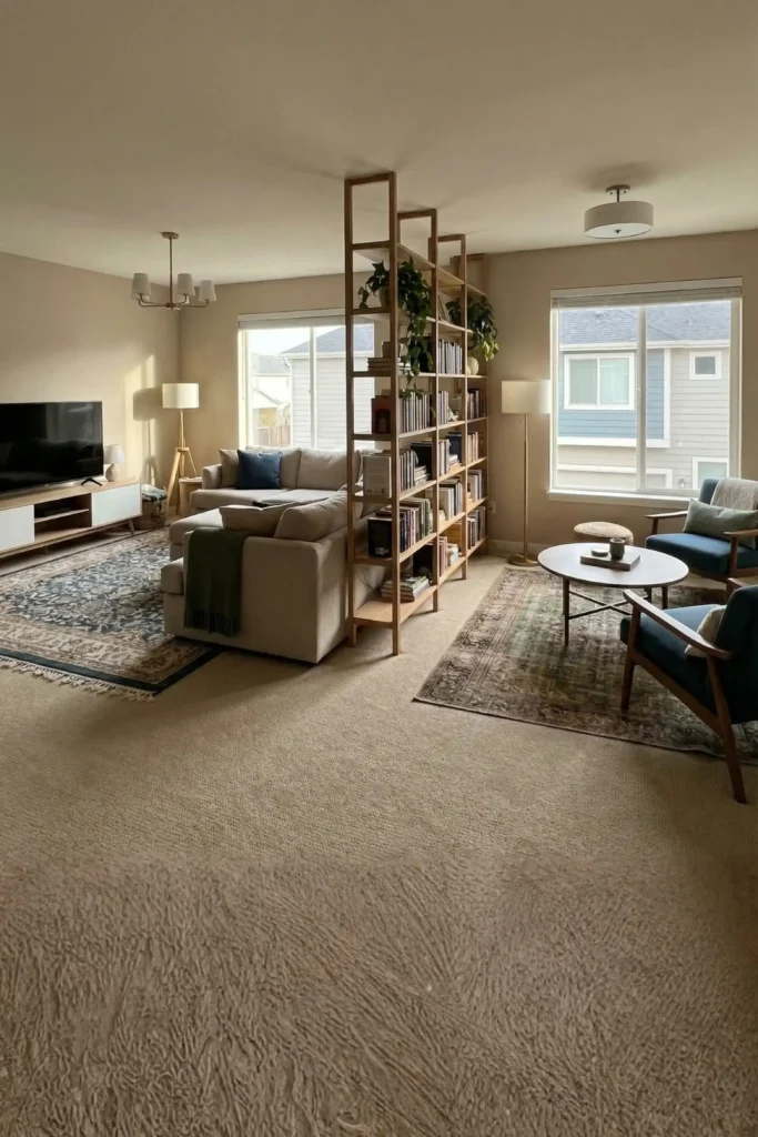 A spacious dual-zone apartment layout separated by an open wooden bookshelf room divider, featuring a cozy media lounge with a beige sectional and TV, alongside a separate seating area with blue armchairs, showcasing new couple apartment ideas living rooms styled with warm neutral tones and distinct area rugs.