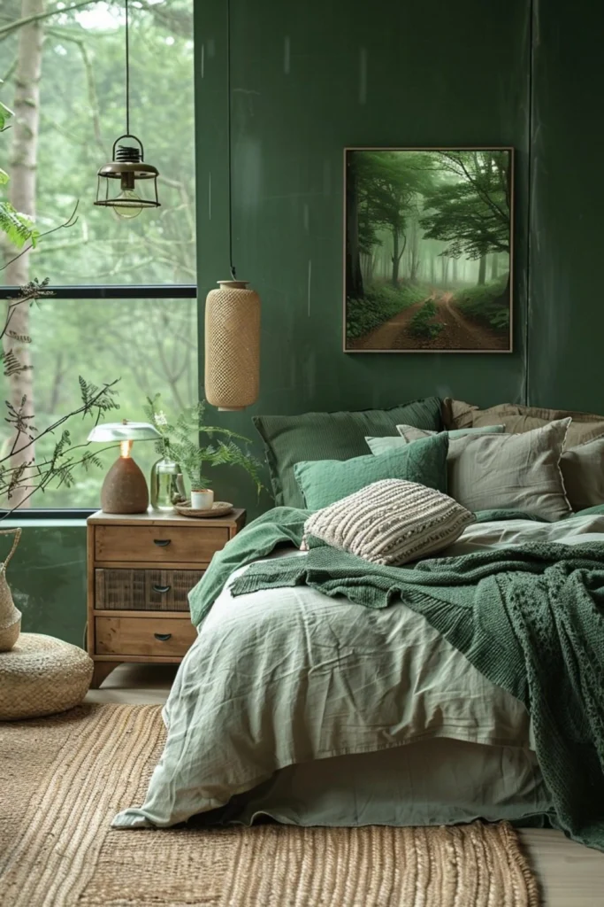 A serene green bedroom featuring layered sage and forest green bedding, a woven pendant light, a jute rug, and a framed forest art print on a deep green wall, showcasing serene Nature-inspired bedrooms decor.