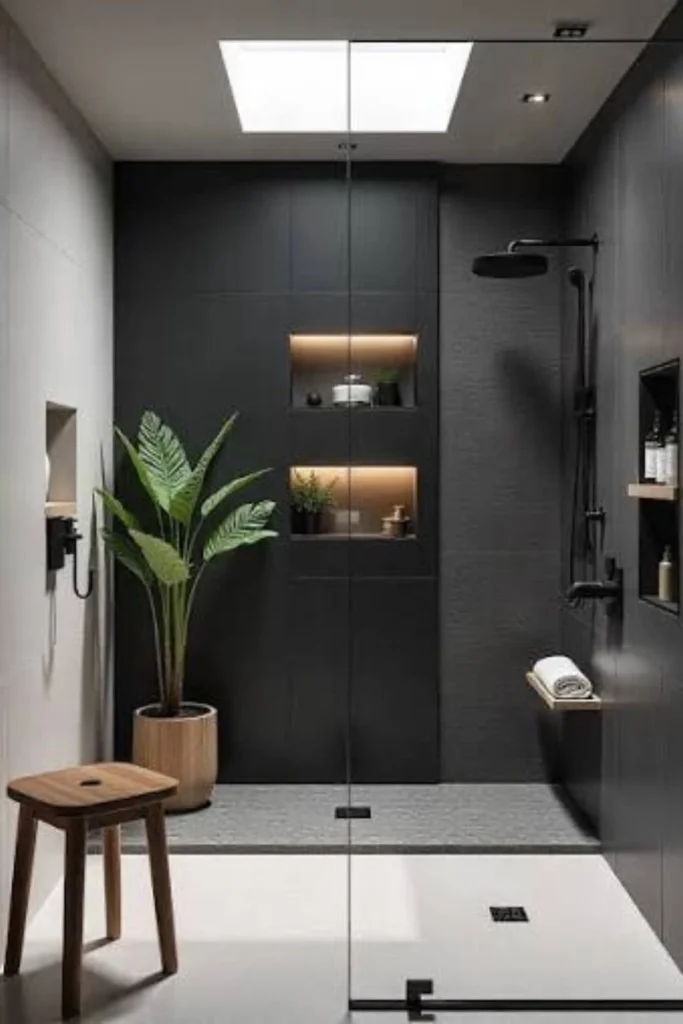 A sleek, minimalist bathroom displaying modern house decorating ideas with matte black shower tiles, built-in recessed wall shelving with warm accent lighting, and a modern black rainfall shower head. The space features a glass partition, a gray textured tiled floor, a wooden stool, and a large green potted plant under a bright square skylight.