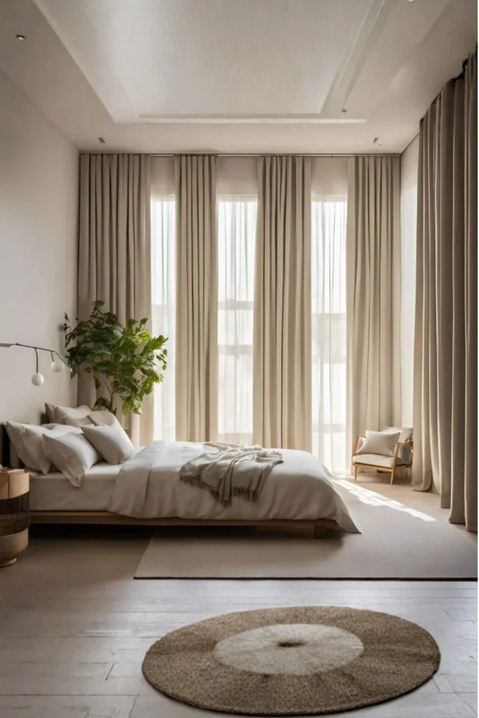 A serene master bedroom with a low platform bed, warm lighting, and dramatic floor-to-ceiling oat-beige drapes mounted on ceiling tracks across large windows, demonstrating how Want to make a small bedroom feel like a sprawling penthouse suite? Extending your curtains all the way from the ceiling down to the floor is the ultimate designer secret. By installing your curtain tracks directly on the ceiling joint or right beneath the crown molding, you force the eye to travel vertically. This trick creates a dramatic sense of height and instantly elevates your room's overall architecture. Ceiling tracks: Use hidden ceiling tracks for a smooth, hotel-style wall-of-drapery effect. Light neutral colors: Stick to off-white, light gray, or oat shades so the floor-to-ceiling fabric doesn't overwhelm the space. Lightweight fabrics: Use light linen or faux-linen so the drapes drop naturally without puffing out.
