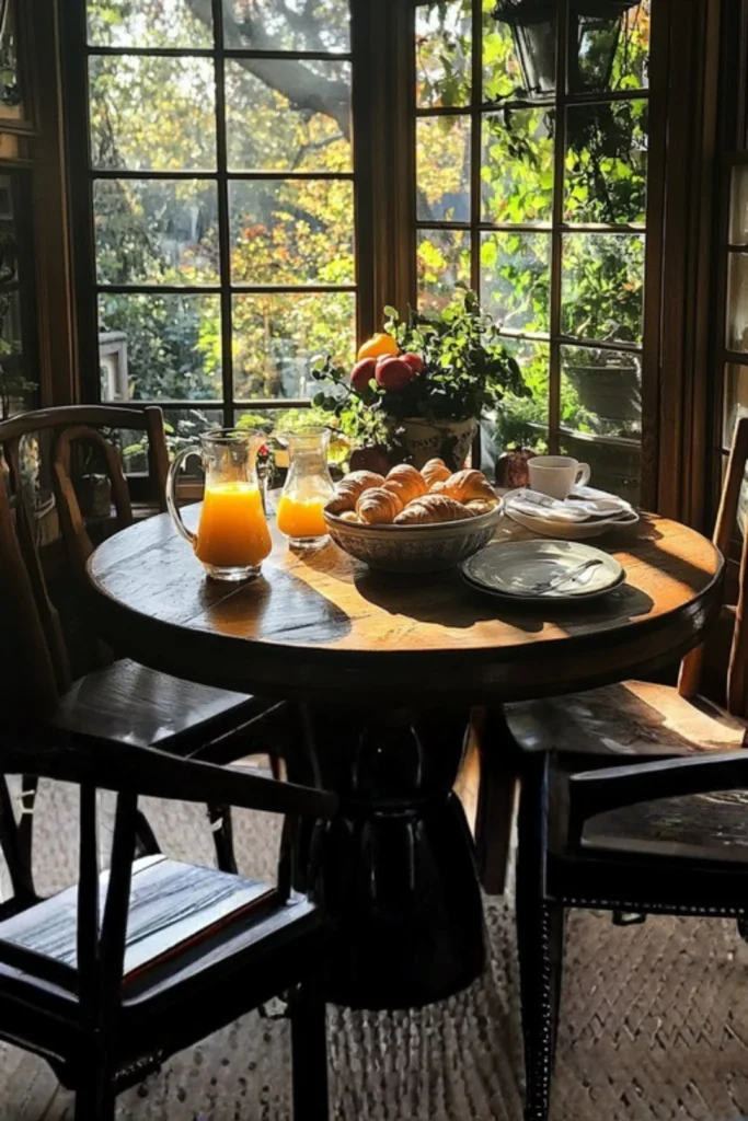 A sun-drenched sunroom dining area featuring a rustic Garden Breakfast Nook. The setting displays a round dark wood pedestal table surrounded by vintage wooden chairs. The tabletop is styled for morning tea with a bowl of croissants, fresh orange juice in glass pitchers, and a potted plant, all positioned against large classic paned windows looking out into a lush green garden.