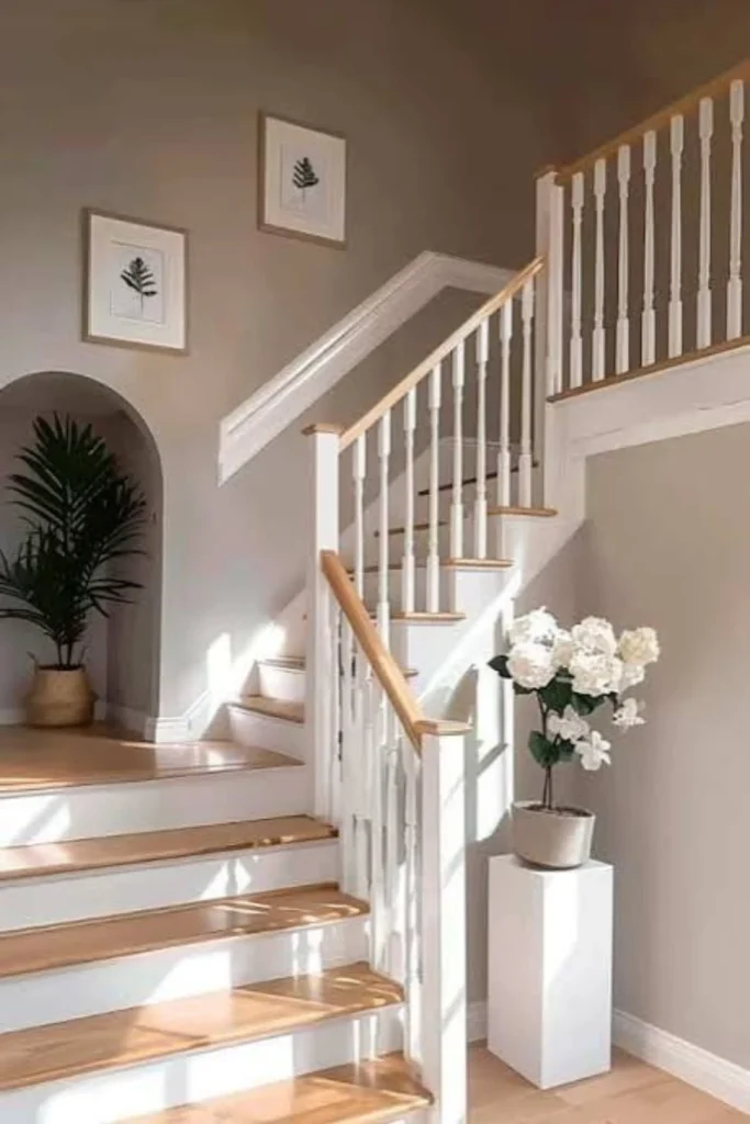 A serene, light-filled stairwell showcasing elegant staircase landing ideas styled in a calm neutral palette. The space features warm beige walls decorated with minimalist botanical framed prints. Polished wood steps with white balusters lead past an arched hallway containing a large potted faux palm tree, while a white column pedestal stands near the base holding a minimalist pot with white flowers.