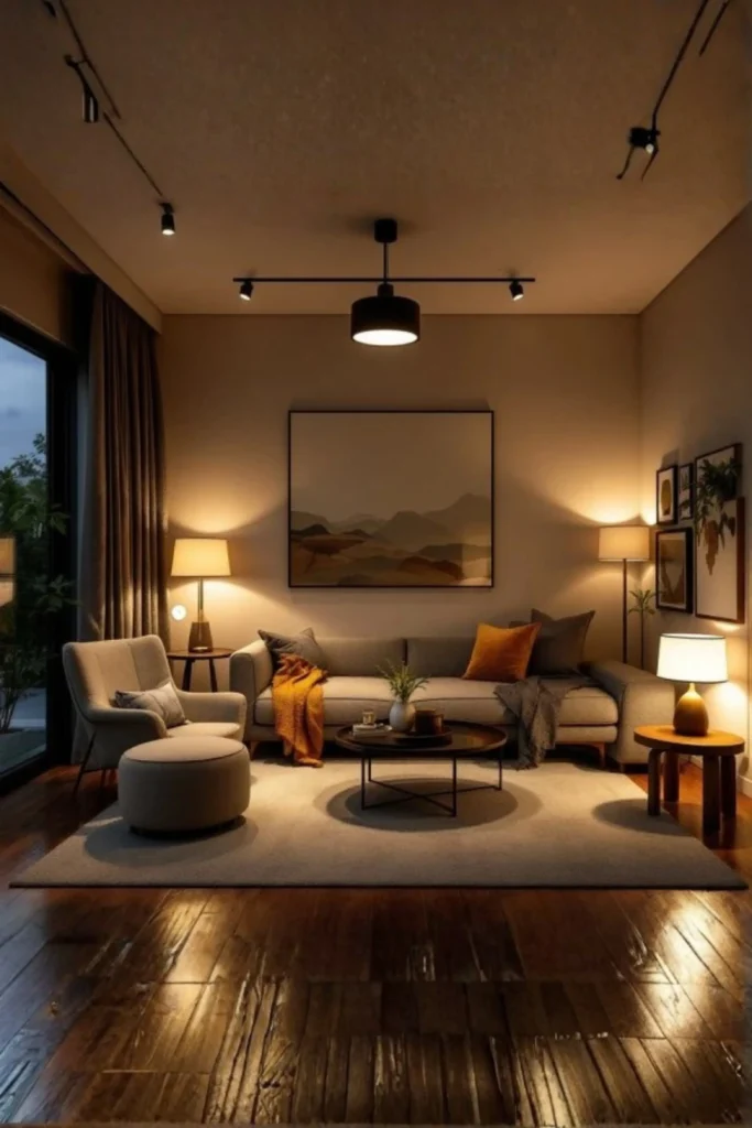A moody and cozy living room illuminated by layered warm lighting, featuring table lamps, a tall floor lamp, and overhead track lights casting a soft glow over a grey sofa and armchair, illustrating smart Apartment Rooms ideas for ambient lighting.
