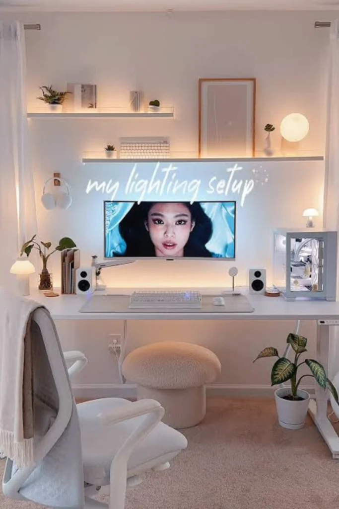 A cozy white desk setup showcasing layered lighting solutions, featuring warm LED backlighting behind floating shelves and the computer monitor, small ambient mushroom lamps, a white desktop setup, a plush beige pouf, and a white ergonomic chair.