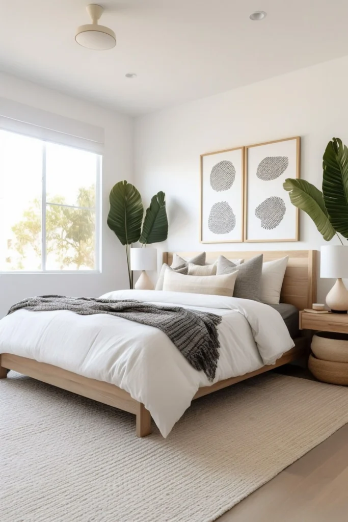 A bright modern bedroom featuring minimalist statement walls styled with two large framed abstract prints above a light oak bed, complemented by large leafy banana plants and neutral-toned bedding.