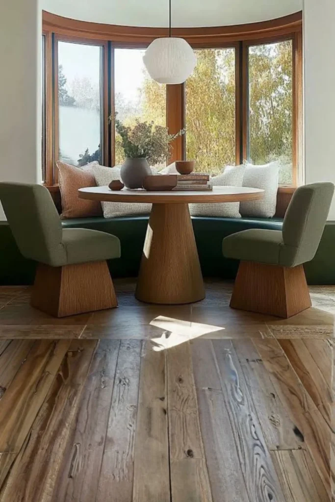 A minimalist dining area displaying contemporary Modern Breakfast Nook inspiration. The setup highlights a round light oak pedestal table surrounded by two olive green upholstered chairs with thick geometric wooden bases and a curved green leather built-in banquette bench set against a large bay window overlooking fall foliage, complete with a modern white textured pendant light.
