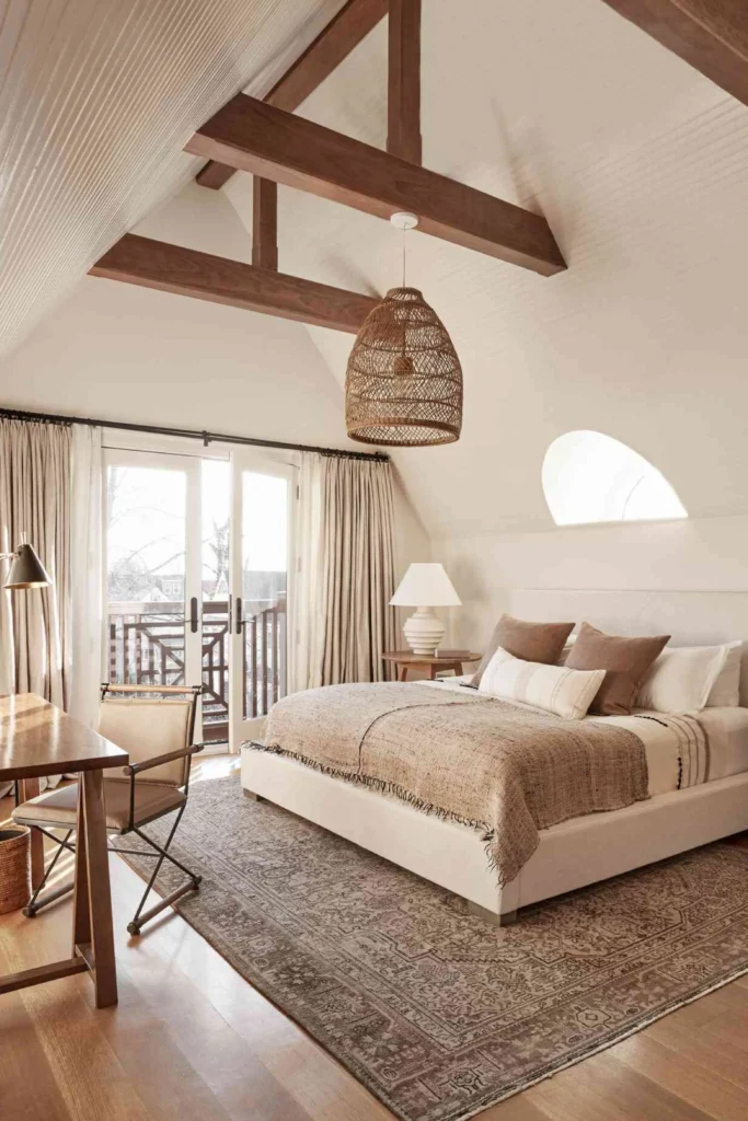 A serene rustic attic bedroom with exposed wooden ceiling beams, a woven pendant light, and cream linen drapes blending seamlessly into the matching off-white walls, demonstrating how For a seamless, peaceful, and visually soothing bedroom aesthetic, matching your window treatments directly to your wall paint color is a game-changer. When your curtains blend effortlessly into the surrounding walls, visual boundaries vanish. This creates a tranquil, cocoon-like atmosphere that promotes deep relaxation while visually expanding smaller rooms. Tone-on-tone textures: Use a slightly different texture (like linen curtains on matte paint) to keep it interesting. Camouflage windows: Great for awkwardly placed off-center windows that you don't want to draw attention to. Subtle hardware: Use matching painted curtain rods so the entire window setup blends seamlessly into the backdrop.