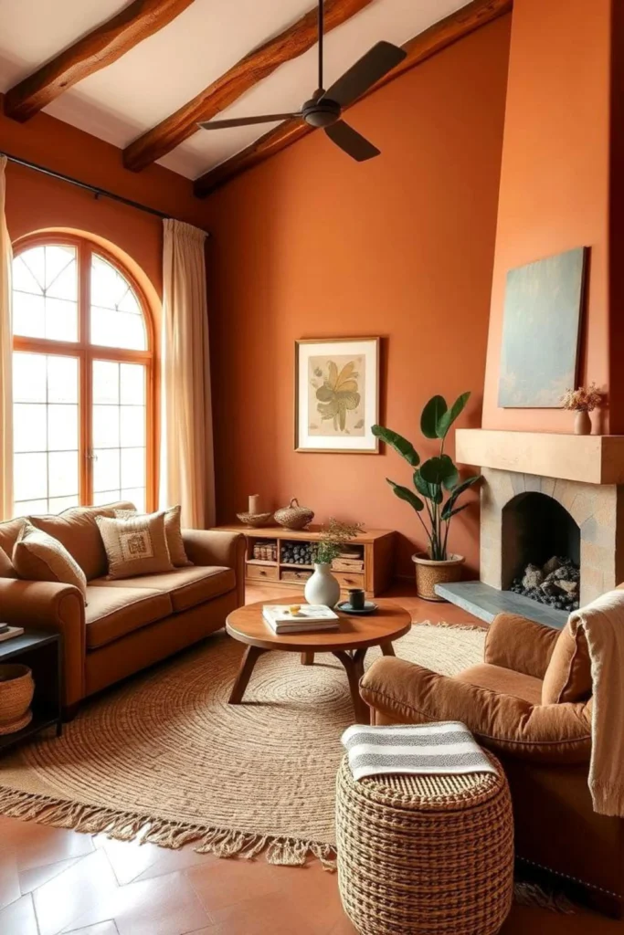 A warm, terracotta-hued living room featuring monochromatic rust orange walls, matching plush sofa and armchair, a round wooden coffee table, and a woven jute rug, demonstrating cohesive Apartment Rooms ideas using a single color palette.
