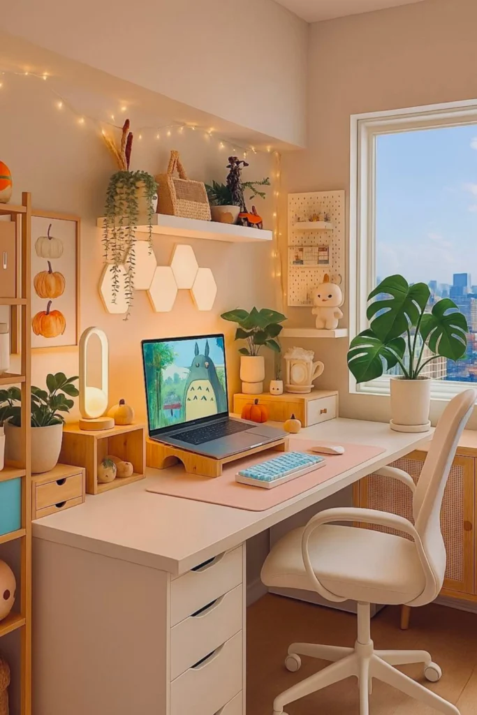 A cozy and aesthetic desk setup featuring warm women home office ideas decor inspiration, complete with soft ambient lighting, hexagon wall lights, potted Monstera plants, wooden organizers, a pink desk mat, and a white ergonomic swivel chair next to a bright window.