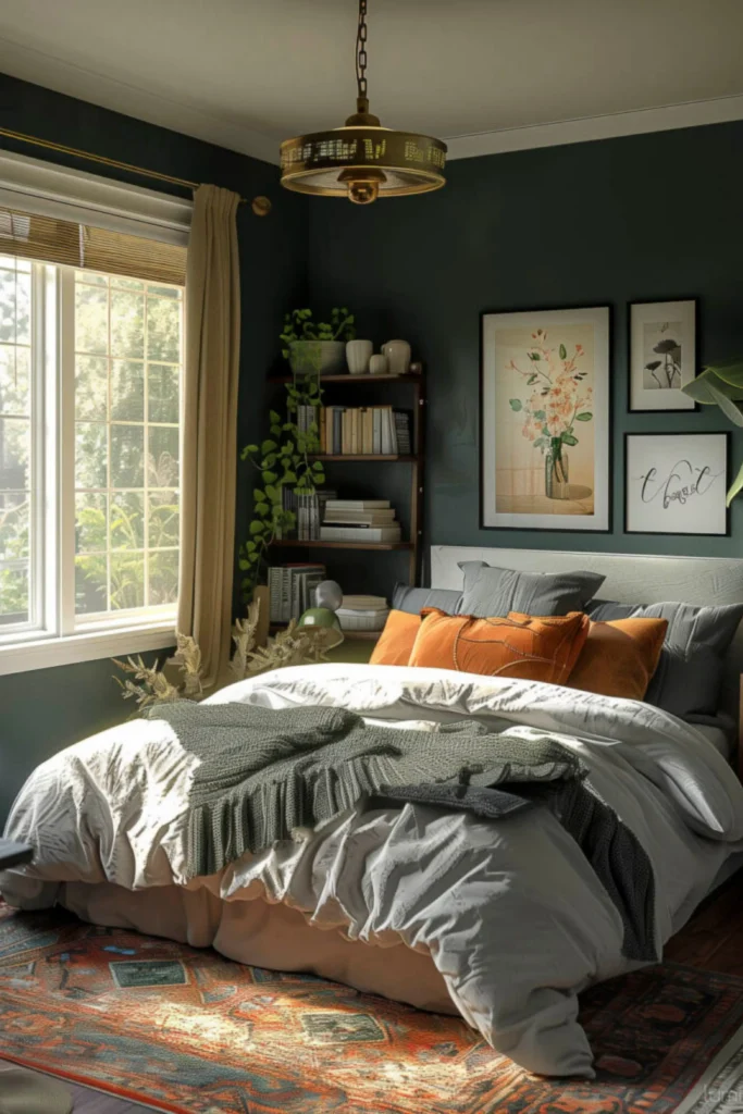 A cozy, chic bedroom featuring Moody Warm Colors with deep charcoal green walls, rust-orange accent pillows, crisp white bedding, a brass pendant light, and a patterned area rug for high-end contrast.