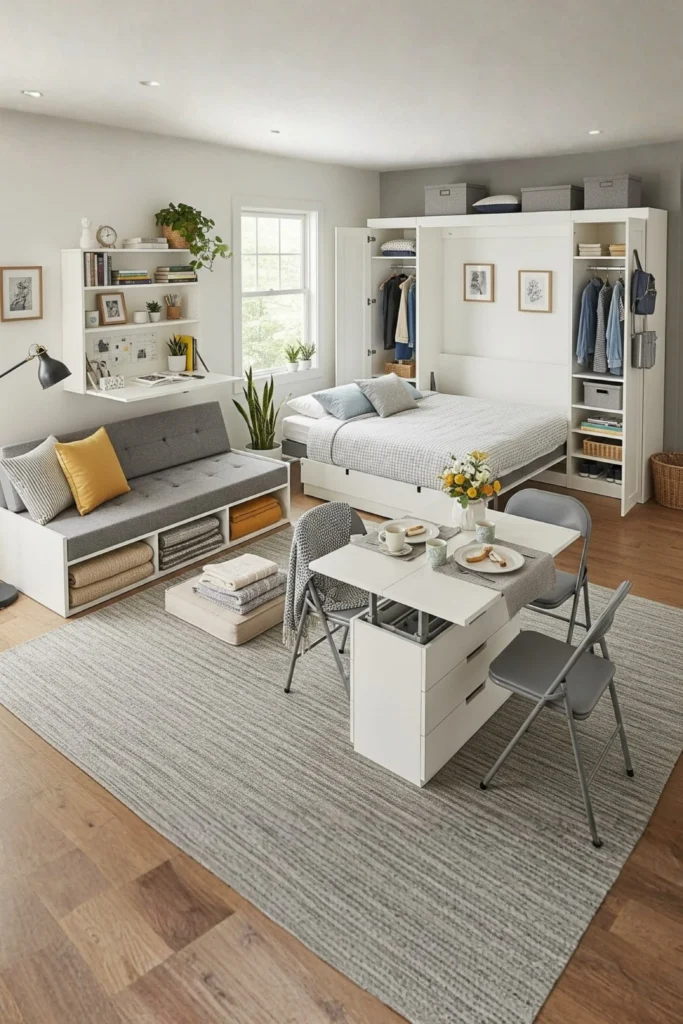 A small studio apartment featuring space-saving multi-functional furniture, including a fold-down Murphy bed, a drop-leaf dining table with folding chairs, a wall-mounted fold-out desk, and a sofa bench with built-in cubby storage, illustrating practical Apartment Rooms ideas.