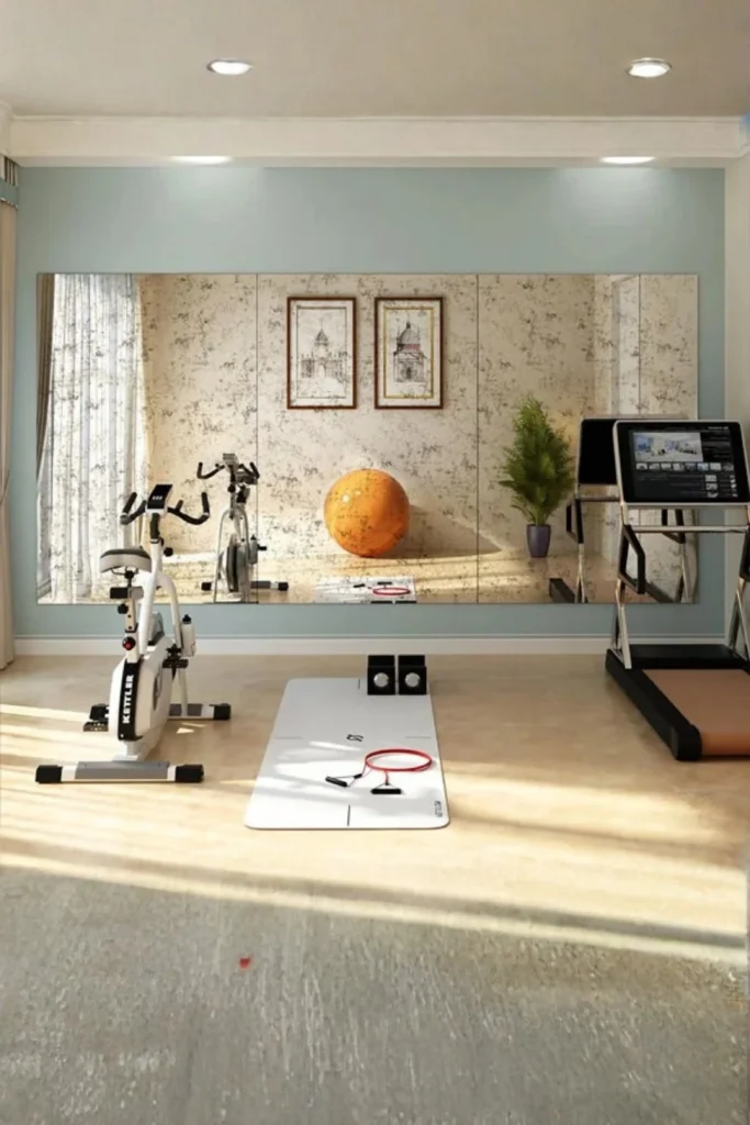 A bright and airy home gym featuring a large horizontal wall mirror that bounces natural sunlight throughout the room, reflecting a stationary exercise bike, a treadmill, a exercise mat, and framed wall art.