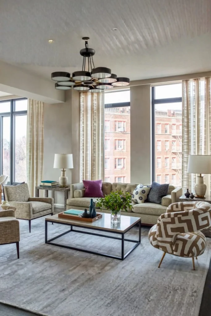 A large, modern open-concept living area where a expansive muted grey rug anchors a stylish seating layout with a tufted sofa, patterned armchairs, and a metal coffee table, showcasing smart Apartment Rooms ideas for zoning open spaces.