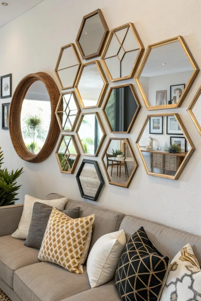 A neutral living room sofa adorned with patterned throw pillows, positioned underneath a striking gallery wall of gold geometric hexagonal mirrors and a round woven mirror, demonstrating creative Apartment Rooms ideas to bounce natural light and make small spaces feel bigger.