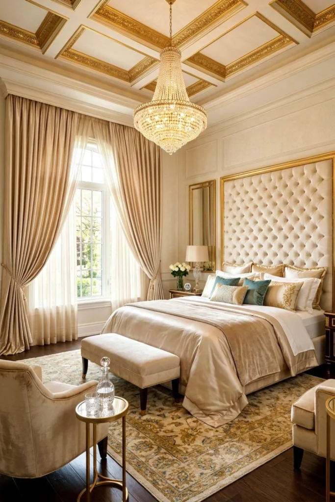 A luxury master bedroom with a crystal chandelier and gold tufted headboard, featuring elegant beige blackout drapes paired with soft sheer curtains over a tall arched window, demonstrating how when you want your space to feel airy, light, and effortlessly romantic, layered sheer curtains are a match made in interior design heaven. Layering a lightweight sheer panel beneath a heavier blackout curtain gives you total control over both privacy and lighting throughout the day. During the day, let the natural sunlight filter through the sheer fabric to create a soft, ethereal glow. At night, simply pull the heavier drapes closed for total cozy seclusion. Choose light fabrics: Opt for linen blends or soft cotton sheers for a natural, relaxed drop. Keep the color palette soft: Cream, soft ivory, and warm beige work best for a soothing vibe. Double track rods: Install a double curtain rod to effortlessly glide both layers independently.