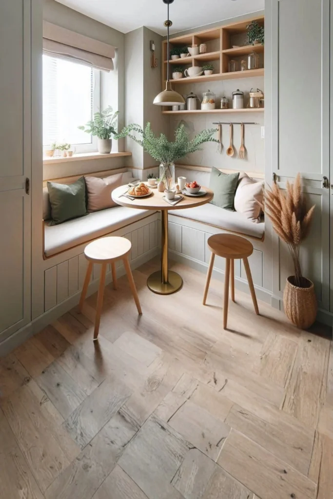 A beautifully organized kitchen alcove featuring a Small Space Breakfast Nook. The design shows a tiny round wooden bistro table with a brass pedestal base, paired with two backless wooden stools. An L-shaped sage green banquette bench with cream cushions and olive green pillows fits perfectly into the corner under open wooden shelving and a brass pendant light.