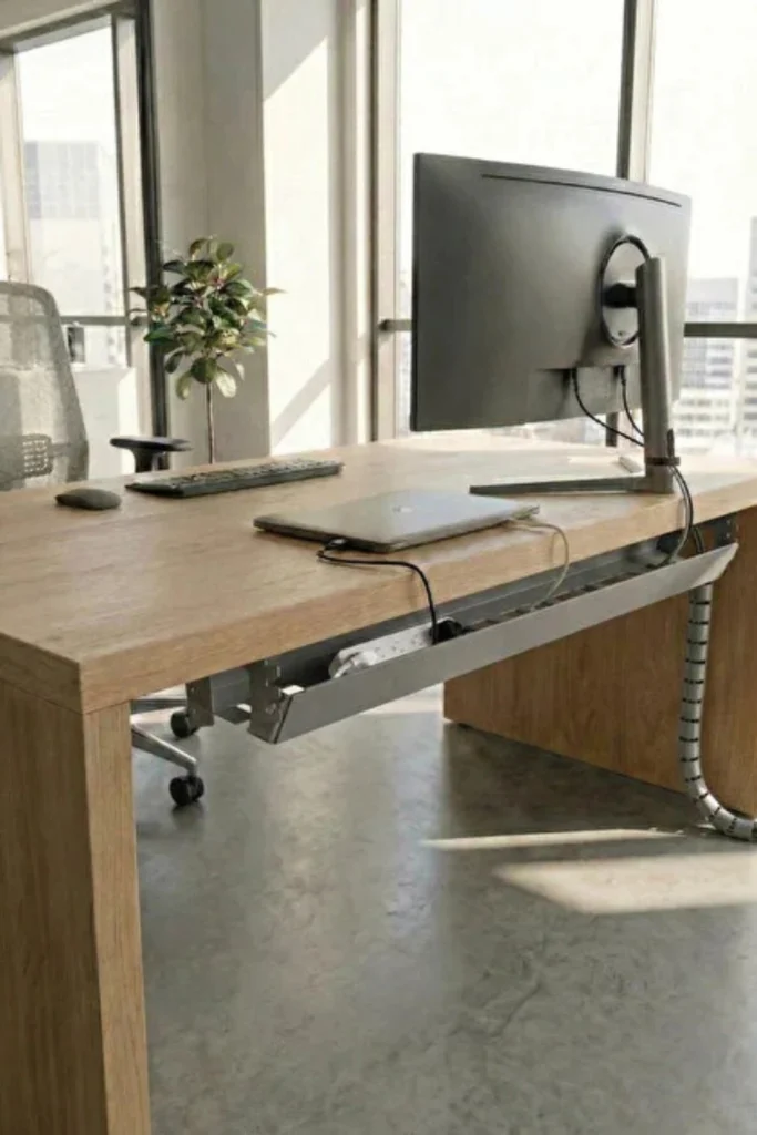 A clean and organized wooden desk setup showcasing smart cable concealment solutions, featuring an under-desk cable management tray holding a power strip, neatly bundled wires running down the table leg, a monitor, laptop, and wireless keyboard next to floor-to-ceiling windows.