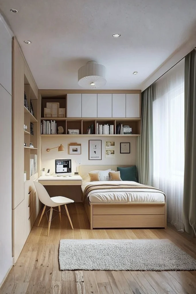 A small, modern bedroom featuring Space-Saving Floating Furniture design with built-in wall cabinets, open shelving above the bed, a sleek floating desk, and a wall-mounted reading lamp to maximize floor space.