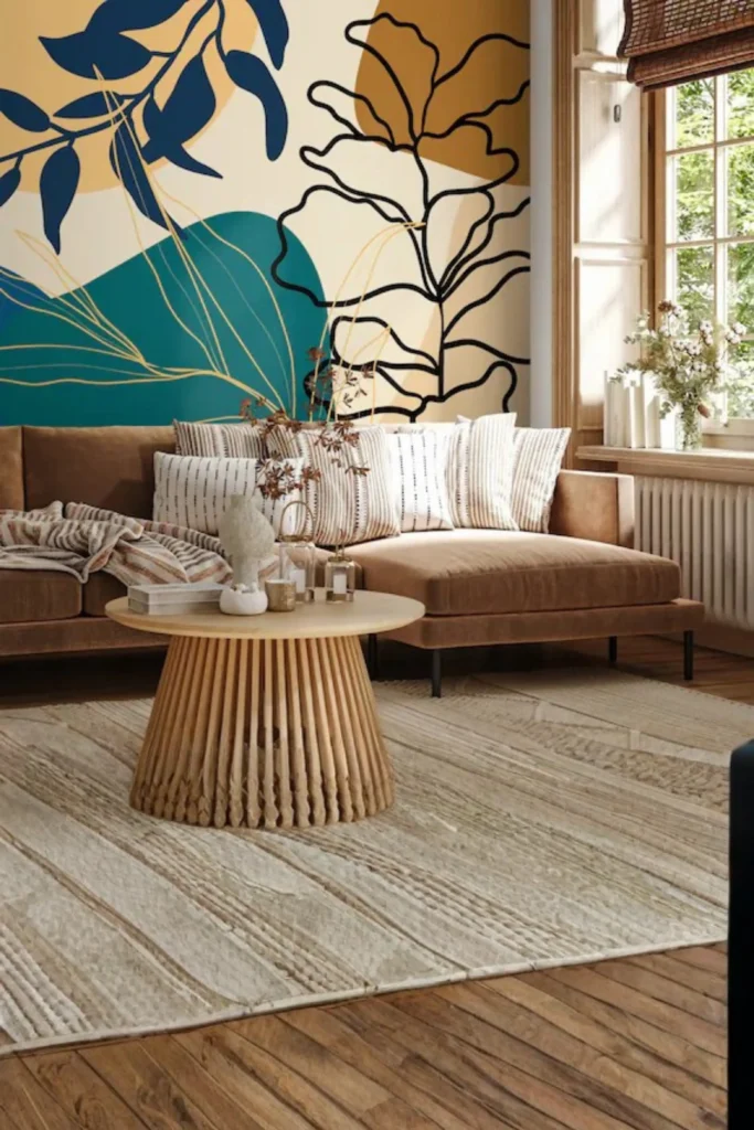 A close-up demonstration of high-quality peel-and-stick wallpaper being smoothly installed on a living room wall, highlighting Sustainable and Peel-and-Stick Innovation. The image showcases a thick, luxurious textured fabric wallpaper with a modern minimalist pattern being peeled back cleanly, emphasizing easy DIY home styling and renter-friendly, damage-free wall design.