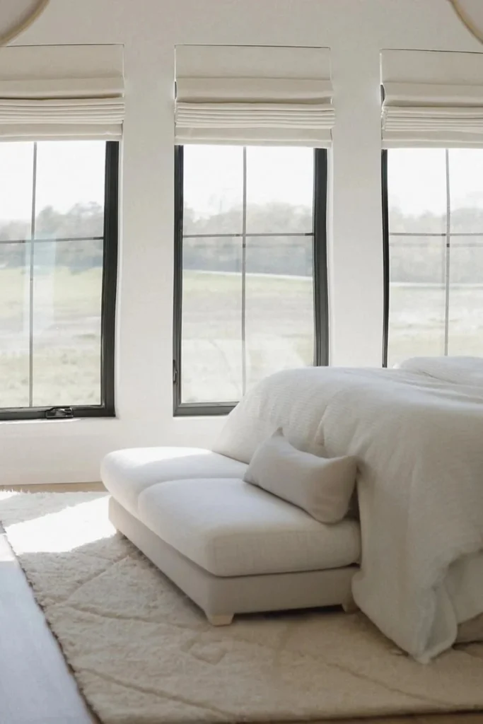 A serene, bright minimalist bedroom with cream bedding and a cushioned bench, featuring three tall black-framed windows dressed with off-white fabric shades, demonstrating how If you love the softness of fabric curtains but prefer the clean, compact lines of blinds, tailored Roman shades offer the ultimate middle ground. Roman shades fold up in neat, elegant horizontal pleats when raised, adding subtle architectural structure to your windows. They work exceptionally well over bed headboards or in rooms where furniture sits directly beneath the window sill. Flat vs. Relaxed: Choose flat-fold Roman shades for modern spaces, or relaxed curved folds for traditional vibes. Custom borders: Add a contrasting colored border along the edges for a chic, designer flair. Motorized convenience: Upgrade to cordless or motorized Roman shades for a safer, child-friendly layout.