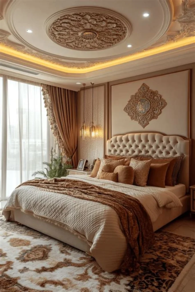 An elegant luxury bedroom featuring a tufted upholstered headboard, ornate ceiling medallion with warm ambient cove lighting, and classic drapes, highlighting timeless bedroom aesthetic ideas vintage for a high-end interior.
