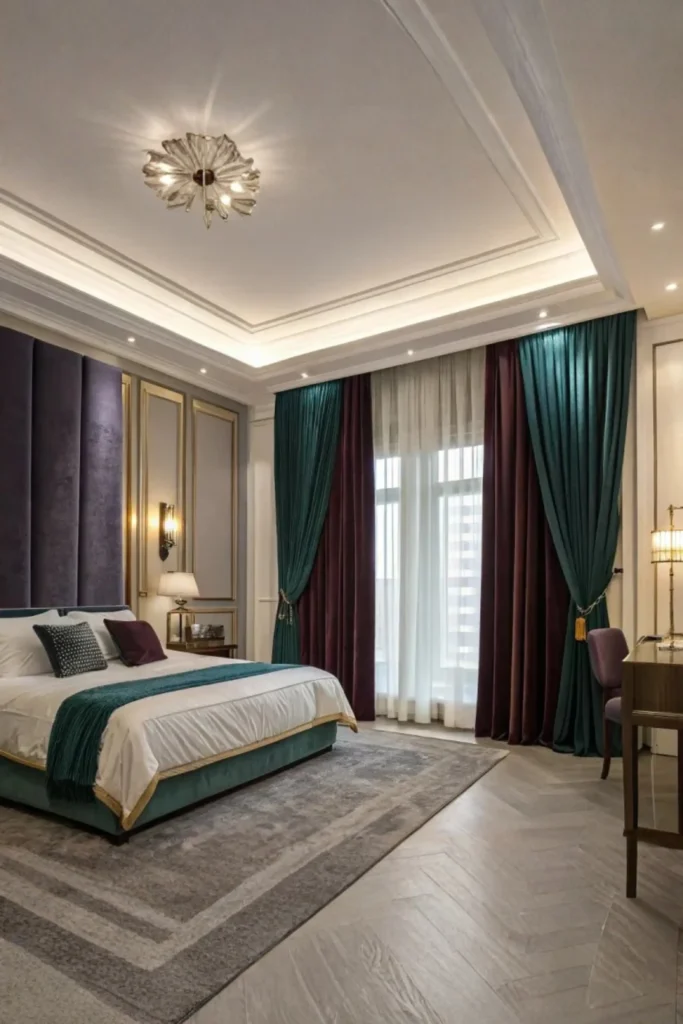 A luxury master bedroom with a high tufted velvet headboard, coffered ceiling lighting, and rich emerald green and burgundy velvet drapes layered over sheer white curtains, demonstrating how For a dramatic, cozy, and ultra-luxurious feel, classic velvet drapes are completely unmatched. They add instant weight, warmth, and depth to any bedroom design. Velvet naturally blocks out ambient outdoor light while absorbing sound, making it a dream choice for urban bedrooms or cold winter months. Rich jewel tones like emerald green, deep navy, burgundy, or plush champagne create a regal, hotel-like retreat. Puddle the fabric: Allow 1–2 inches of extra velvet fabric to spill onto the floor for an opulent look. Noise reduction: Heavy velvet acts as a natural sound damper for quieter mornings. Pair with brass: Rich velvet textures pair gorgeously with polished brass or matte black curtain hardware.
