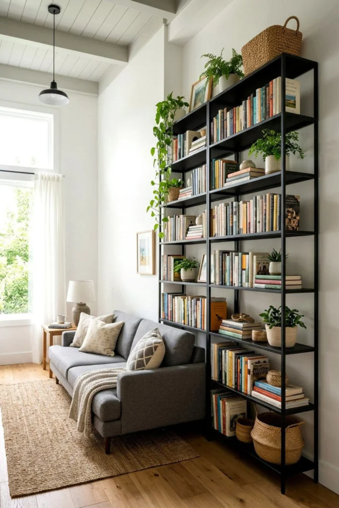 A cozy living space featuring a grey fabric couch tucked next to a tall, black metal open shelving unit filled with books, trailing potted plants, and woven storage baskets, showcasing smart room ideas for small apartment rooms that utilize vertical storage.