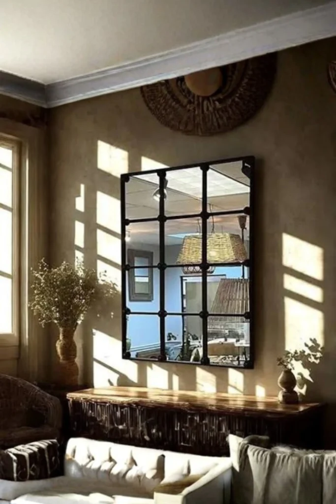 A rustic modern living room featuring Windowpane mirrors with a black grid metal frame mounted above a textured wooden console table, catching warm natural sunlight.