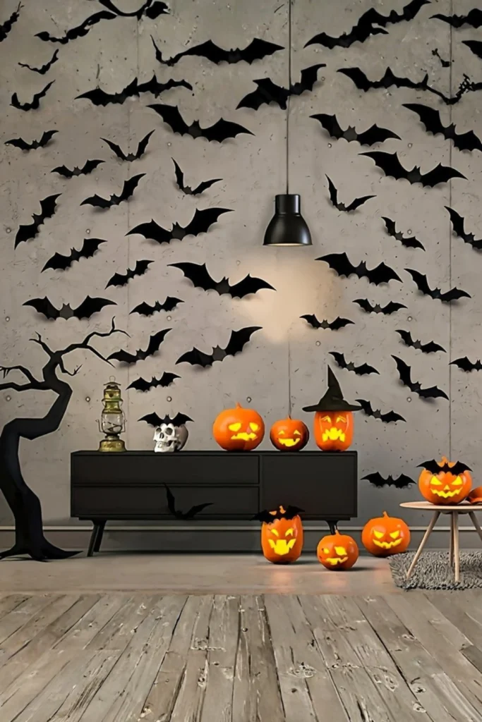 DIY 3D bat wall display featuring black paper bat cutouts flying across a grey concrete wall above glowing jack-o'-lantern pumpkins and a black sideboard.