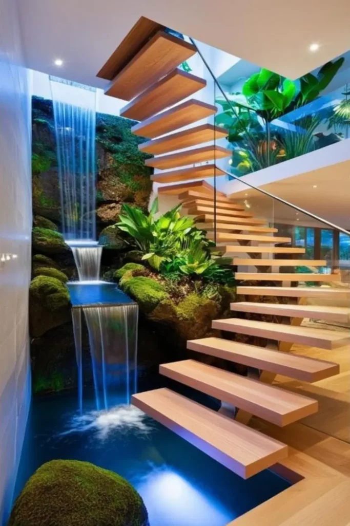 Luxury indoor staircase garden featuring a multi-tiered indoor waterfall with mossy rocks and green foliage next to floating wood stairs.