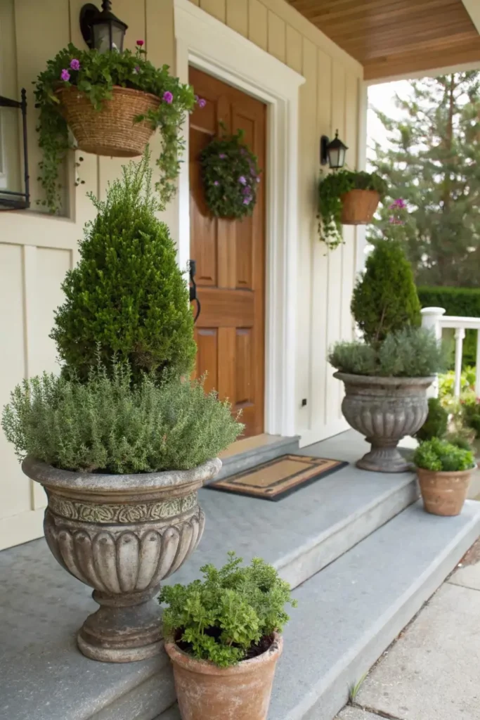 Symmetrical harvest plant topiaries in rustic ornate stone urns flanking a wooden front door step with evergreen shrubs, trailing greenery, and hanging planters.