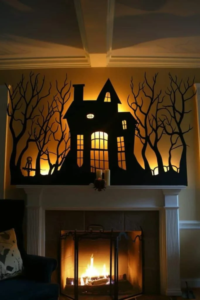 Haunted fireplace hearth styling featuring a backlit silhouette of a spooky mansion and bare trees over a white mantel with a glowing fireplace underneath.