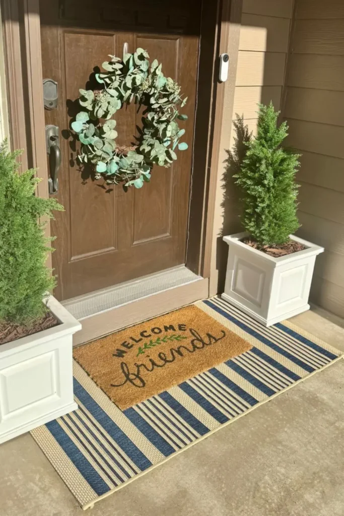 Stylish fall porch decorating ideas front doors setup featuring a layered Welcome Friends coir doormat over a blue striped accent rug, a eucalyptus wreath on a dark wood door, and potted evergreen topiaries in white planters.
